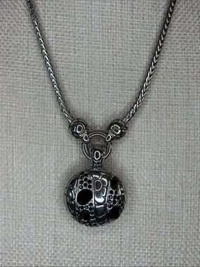 Silver Tone Black Pave Round Pendant Necklace